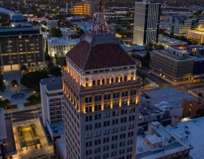 Aerial view of Fresno city illuminated at sunset