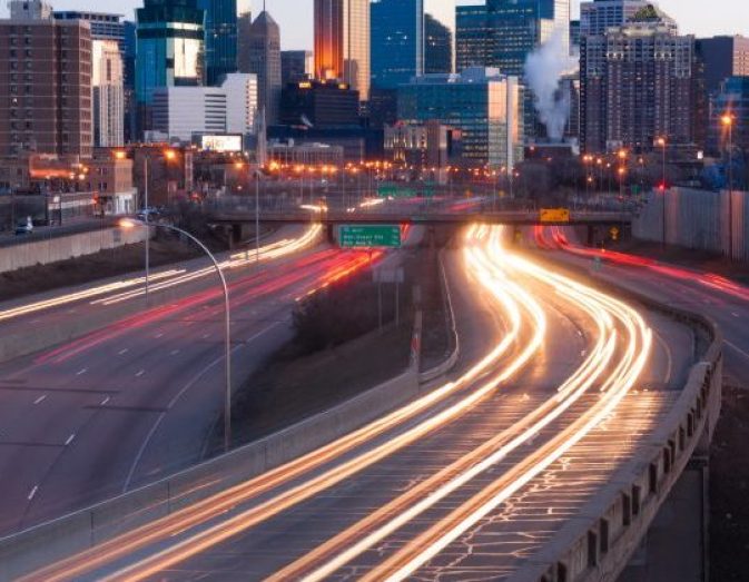 Interstate Traffic Moving Metro Highway Minneapolis Minnesota City Skyline